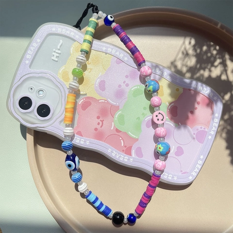 Bohemian Colorful Beaded Phone Chain Evil Eye Smiley Face Polymer Clay Lampwork Glass Phone Lanyard For Women Tech Accessories