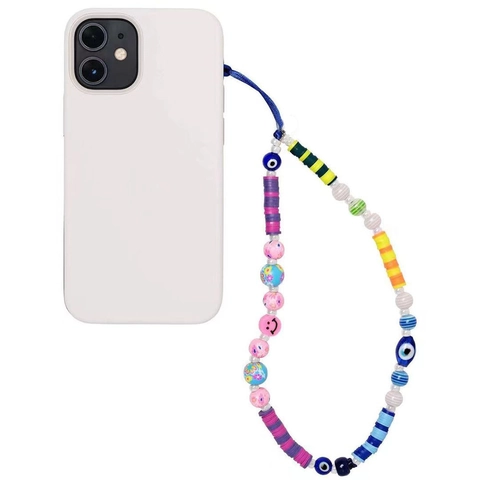 Bohemian Colorful Beaded Phone Chain Evil Eye Smiley Face Polymer Clay Lampwork Glass Phone Lanyard For Women Tech Accessories