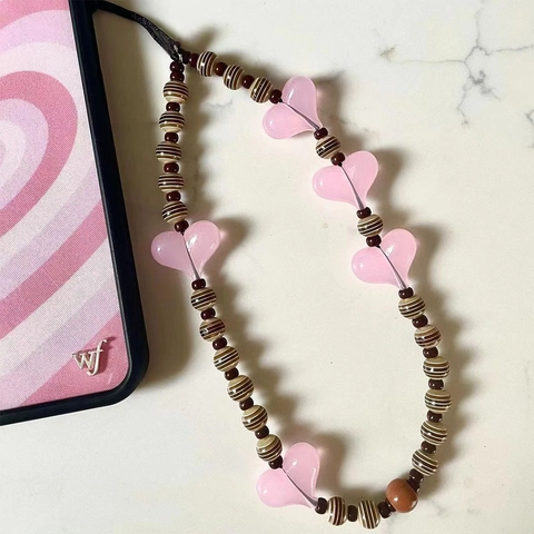 Sweet Pink Acrylic Jelly Heart Beaded Phone Chain Lanyard Strap For Women Handmade Crystal Anti-lost Wrist Rope Fashion Jewelry