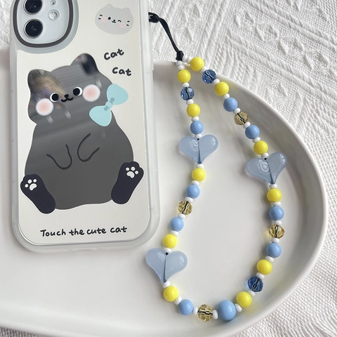 Korean Style Beaded Phone Strap Pink Purple Heart Acrylic Crystal Glass Bead Mobile Phone Wrist Chain For Women Girl Gift