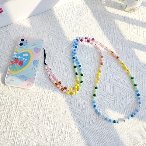 Colorful Acrylic Beaded Phone Lanyard Crossbody Candy Color Flower Heart Pattern Phone Chain For Women Anti-Lost Strap