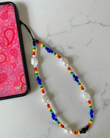 Rainbow Beaded Phone Lanyard Glass Seed Beads Imitation Artificial Pearl Evil Eye Hanging Strap For Women Ethnic Tech Accessory