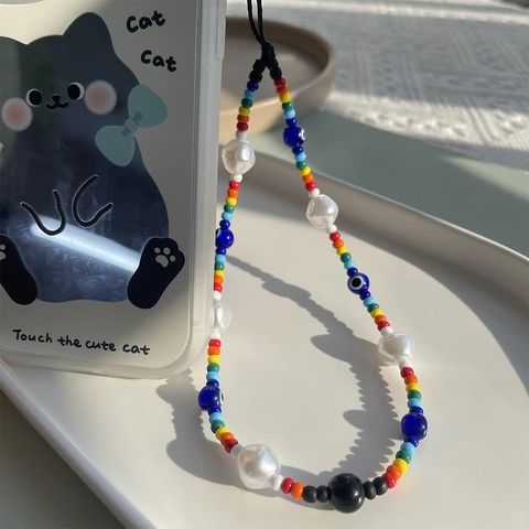 Rainbow Beaded Phone Lanyard Glass Seed Beads Imitation Artificial Pearl Evil Eye Hanging Strap For Women Ethnic Tech Accessory