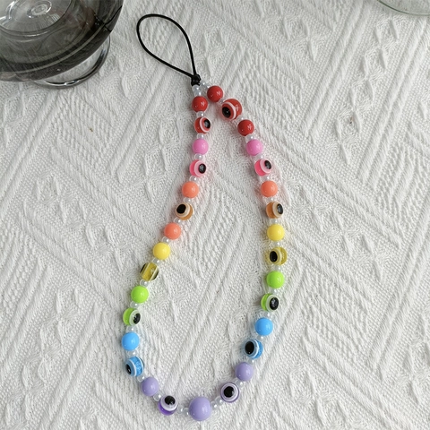 Rainbow Candy Color Beaded Phone Chain Crossbody Long Lanyard Resin Evil Eye Nazar Bead Phone Strap For Women
