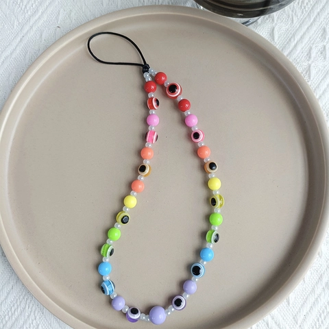 Rainbow Candy Color Beaded Phone Chain Crossbody Long Lanyard Resin Evil Eye Nazar Bead Phone Strap For Women