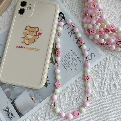 Rosa Süßes Smiley Gesicht Blume Perlen Handy Lanyard Acryl Kristall Handgelenk Gurt Handy Kette Für Damen