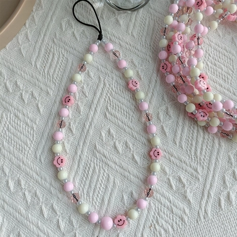 Frische Rosa Blume Lächeln Perlen Handyband Handgefertigte Harz Kristallperlen Anti-Verlust Handy Lanyard Für Damen