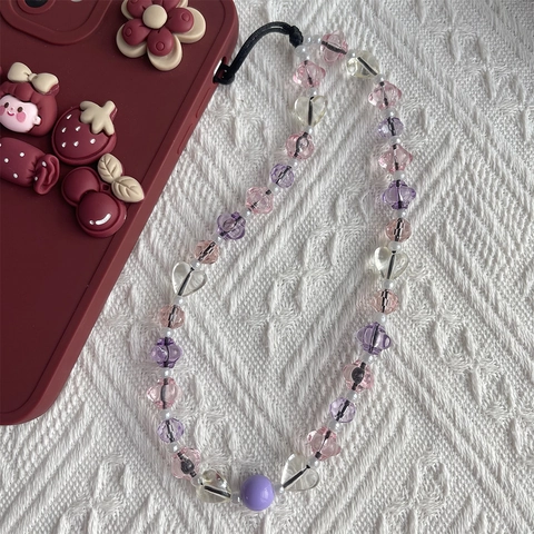 Sweet Acrylic Heart Beaded Phone Charm Lanyard Handcrafted Crystal Beads Phone Strap For Women Girls Tech Accessories