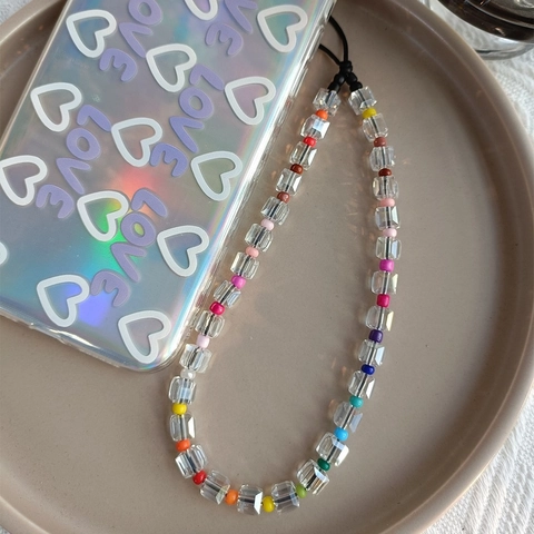 Handmade Rainbow Crystal Glass Beaded Phone Strap Square Beads Anti-Lost Lanyard For Women Men Keychain Tech Accessories