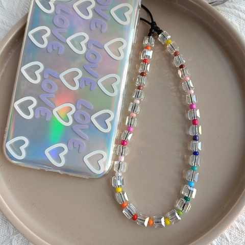Handmade Rainbow Crystal Glass Beaded Phone Strap Square Beads Anti-Lost Lanyard For Women Men Keychain Tech Accessories