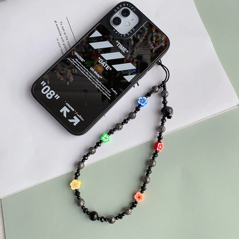 Handmade Beaded Phone Lanyard With Volcanic Stone Glass Beads Skull Flower Pendant Tech Accessory For Women Men Unique Style