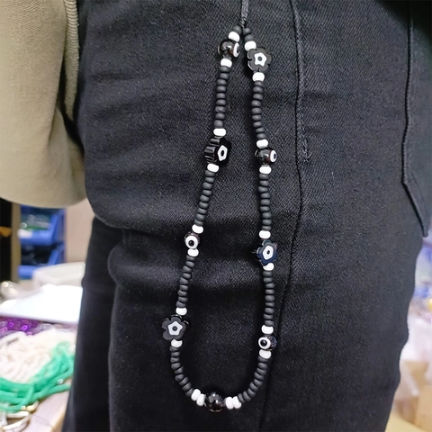 Handmade Glass Lampwork Flower Evil Eye Beaded Phone Chain Lanyard Minimalist Black White Contrast Color Anti-Lost Strap For Women Jewelry