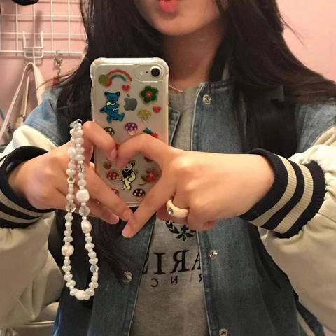 Elegant Beaded Phone Lanyard Irregular Imitation Artificial Pearl Artificial Crystal Glass Bead Handmade Mobile Phone Chain For Women