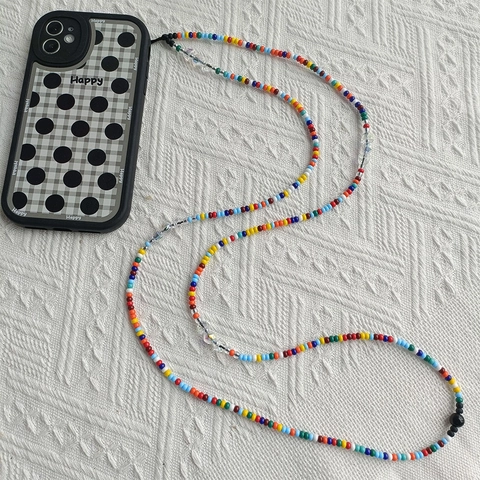 Catena per Telefono Fatta a Mano in Argilla Polimerica Perline Acriliche Tracolla Lunga Stile Boho Malocchio Cuore Cinturino Anti-smarrimento