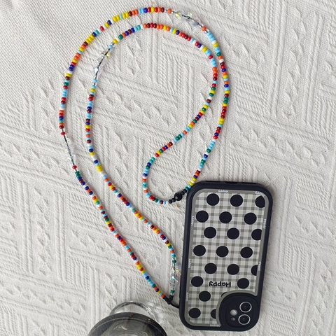 Catena per Telefono Fatta a Mano in Argilla Polimerica Perline Acriliche Tracolla Lunga Stile Boho Malocchio Cuore Cinturino Anti-smarrimento
