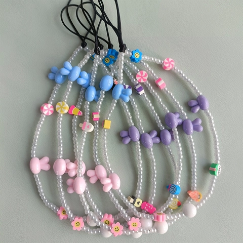 Perlen Handy Umhängeband Acryl Hase Blume Herz Anhänger Handgefertigte Polymer Ton Bunte Handy Kette Accessoire Für Frauen