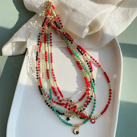 Boheemse Handgemaakte Kristallen Kralen Ketting Voor Vrouwen 18K Verguld Boze Oog Hart Ster Maan Hanger Sieraden