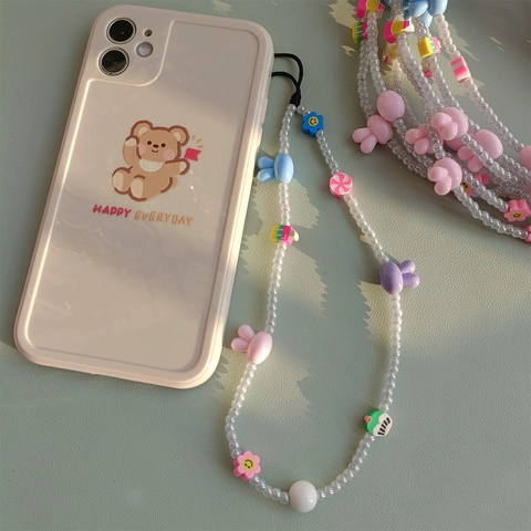 Bohemian Kawaii Rabbit Flower Beaded Phone Chain Handmade Colorful Polymer Clay Glass Beads Phone Lanyard For Women Girls