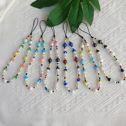 Bohemian Acrylic Beaded Mushroom Phone Chain Handmade Colorful Faux Artificial Pearl Anti-Lost Lanyard Strap For Women Bag Hanging Decor