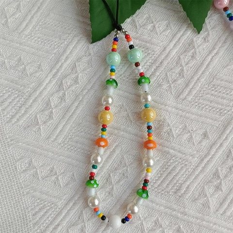Bohemian Acrylic Beaded Mushroom Phone Chain Handmade Colorful Faux Artificial Pearl Anti-Lost Lanyard Strap For Women Bag Hanging Decor