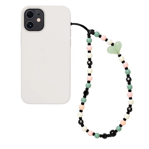 Colorful Beaded Phone Chain Green Heart Pendant Handmade Acrylic Bead Mobile Phone Strap Lanyard For Women Girl Gift