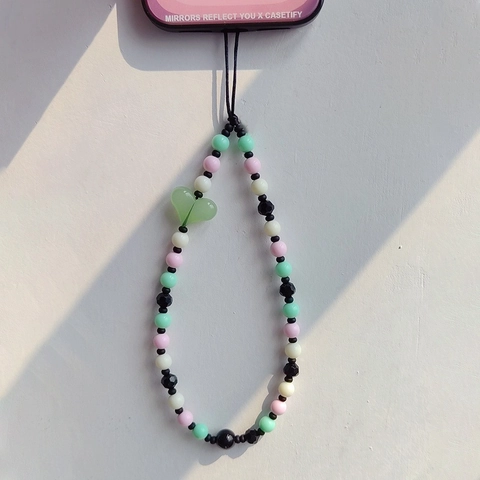Colorful Beaded Phone Chain Green Heart Pendant Handmade Acrylic Bead Mobile Phone Strap Lanyard For Women Girl Gift