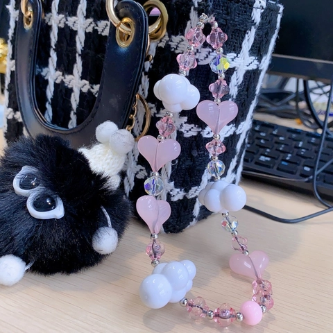 Rosa Herz Weiße Wolke Perlen Handykette Für Damen Acryl Kristallperlen Handyband Anti-Verlust Lanyard Zubehör