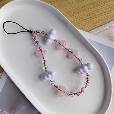 Rosa Herz Weiße Wolke Perlen Handykette Für Damen Acryl Kristallperlen Handyband Anti-Verlust Lanyard Zubehör