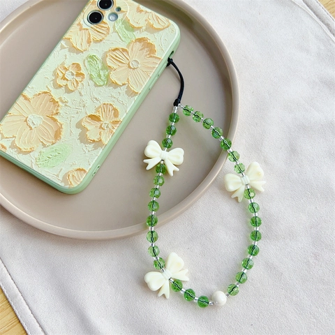 Catena per Cellulare Estiva con Perline di Cristallo Verde e Fiocco in Resina Cordino per Telefono da Donna Gioielli