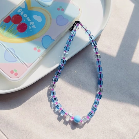 Handgefertigt Kristall Glas Perlen Handyanhänger Anti-Verlust Gurt Blau Transparent Quadratische Perlen Zubehör Geschenk