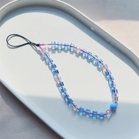 Handgefertigt Kristall Glas Perlen Handyanhänger Anti-Verlust Gurt Blau Transparent Quadratische Perlen Zubehör Geschenk