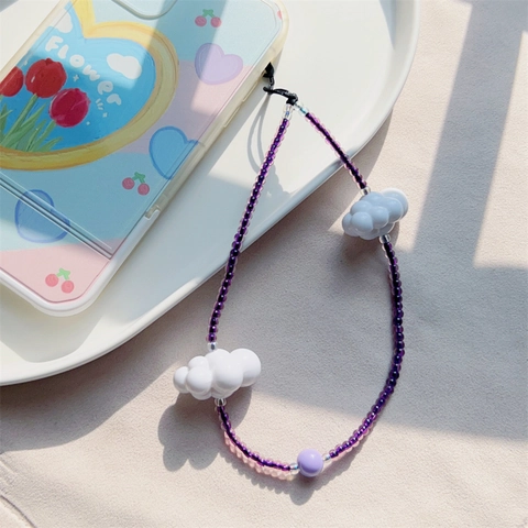 Handmade Beaded Phone Lanyard Purple Translucent Beads White Cloud Pendant Phone Strap Mobile Accessory For Women Girls