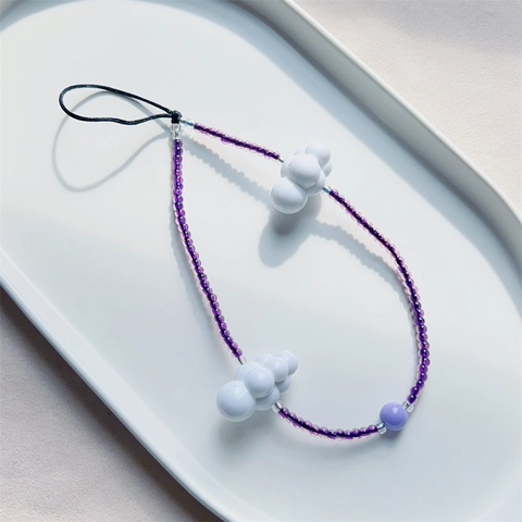 Handmade Beaded Phone Lanyard Purple Translucent Beads White Cloud Pendant Phone Strap Mobile Accessory For Women Girls