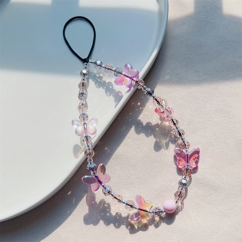 Elegant Lavender Butterfly Beaded Phone Lanyard Chain Sweet Gradient Acrylic Anti-Lost Wrist Strap For Women Mobile Accessory