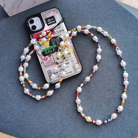 Handgemachte Bunte Perlen Handykette Mit Künstlichen Perlen Regenbogen Samenperlen Acryl Lange Handyschlaufe Anhänger Für Damen