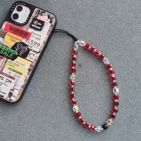 Handmade Acrylic Square Beads Phone Chain Red Transparent Crystal Texture Phone Lanyard Charm For Women Tech Accessories