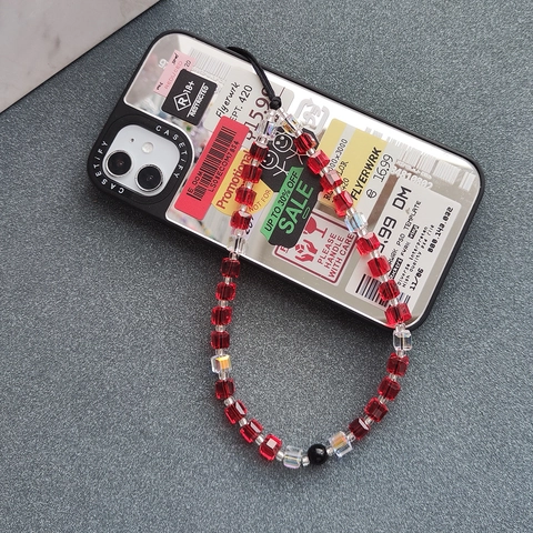 Handmade Acrylic Square Beads Phone Chain Red Transparent Crystal Texture Phone Lanyard Charm For Women Tech Accessories