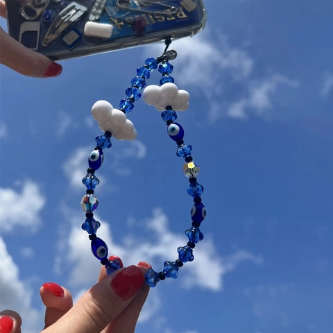 Catenina per Cellulare con Perline Fatta a Mano Cielo Blu Nuvole Malocchio Turco Cinturino Cordino Anti-smarrimento Donna
