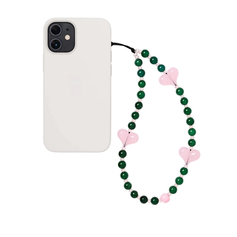 Beaded Phone Lanyard Wrist Strap Green Glass Beads Resin Heart Pattern Anti-lost Mobile Phone Charm For Women Girl Jewelry