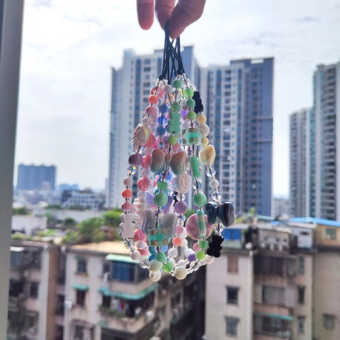Sweet Blue White Beaded Phone Chain Handmade Resin Bowknot Bear Lollipop Anti-lost Phone Strap For Women Phone Accessories