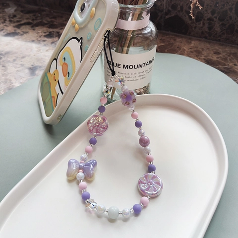 Handmade Beaded Phone Strap With Resin Candy Bowknot Charm Purple Pink White Cute Phone Lanyard For Women Accessories