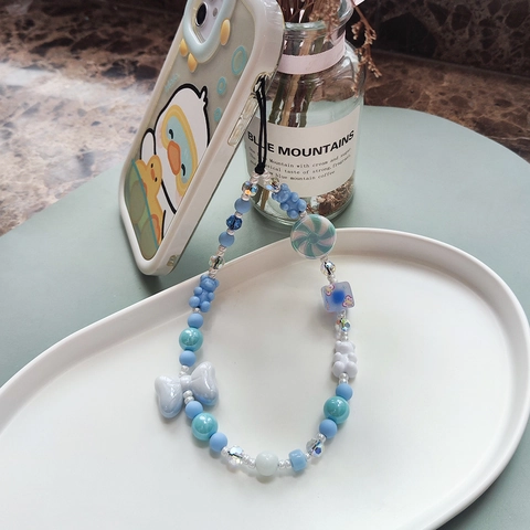 Sweet Blue White Beaded Phone Chain Handmade Resin Bowknot Bear Lollipop Anti-lost Phone Strap For Women Phone Accessories