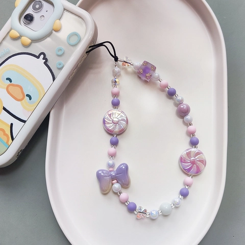 Handmade Beaded Phone Strap With Resin Candy Bowknot Charm Purple Pink White Cute Phone Lanyard For Women Accessories