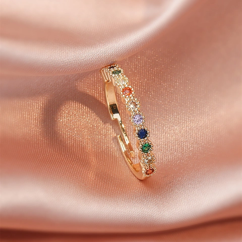 Fashion Stainless Steel Rainbow Zirconia Ring Gold Silver Plated Heart Coin Twist Open Adjustable Ring For Women Everyday Jewelry Gift