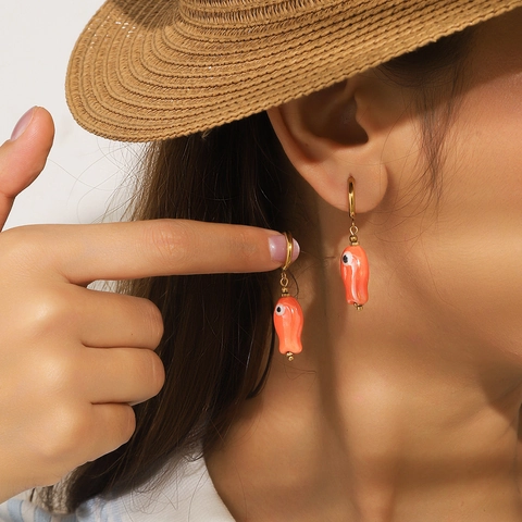 Cute Stainless Steel Gold Plated Fish Pendant Hoop Earrings With Ceramic-Look PVC Decoration Cartoon Summer Jewelry For Women