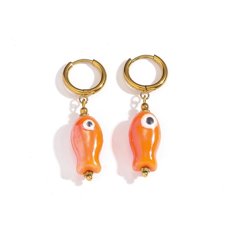 Cute Stainless Steel Gold Plated Fish Pendant Hoop Earrings With Ceramic-Look PVC Decoration Cartoon Summer Jewelry For Women
