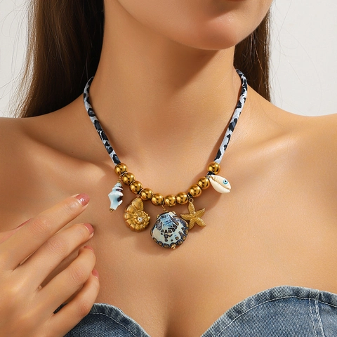 Boheemse Oceaan Thema Zeester Wulk Schelp Hanger Halsketting Voor Vrouwen Roestvrij Staal Verguld Luipaard Koord Strand Vakantie Sieraden