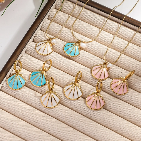 Stainless Steel Shell Artificial Pearl Necklace Earring For Women Gold Plated Enamel Scallop Pendant Ocean Style Vacation Jewelry Gift