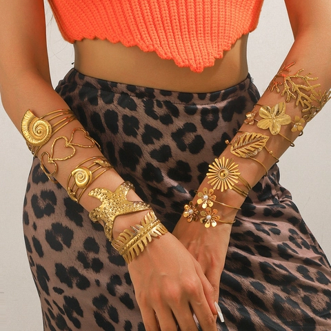 Boho Edelstahl Ozean Seestern Meerschnecke Offenes Armreif Armband Für Damen Wasserdicht Hypoallergen Gold Silber Blumen Schmetterling Schmuck