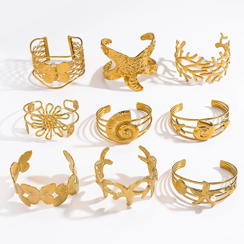Boho Edelstahl Ozean Seestern Meerschnecke Offenes Armreif Armband Für Damen Wasserdicht Hypoallergen Gold Silber Blumen Schmetterling Schmuck